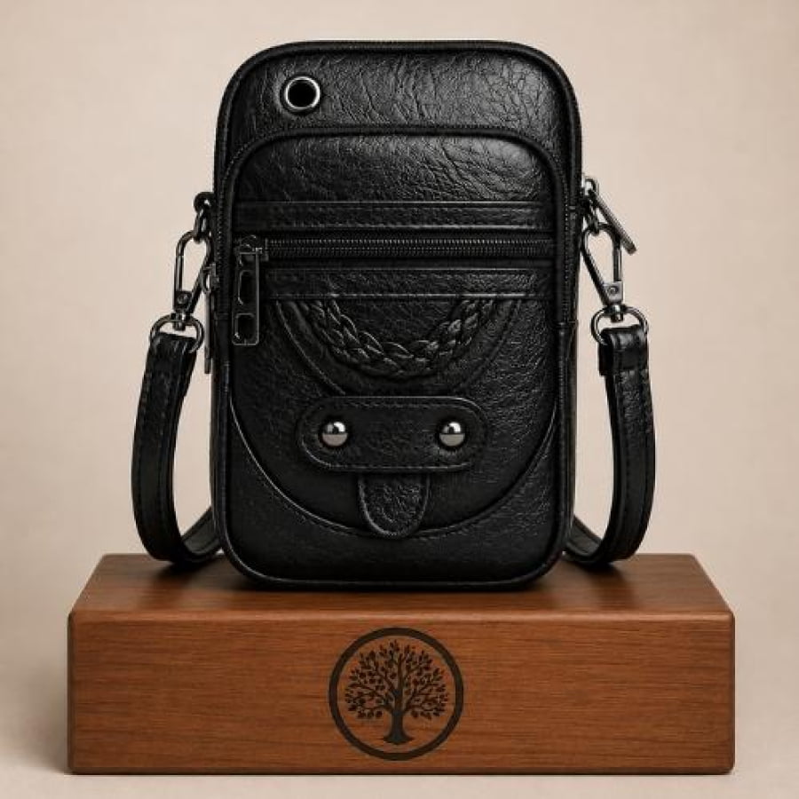 Bolsa Transversal Artesanal Couro Ecológico Unbu - Preta / 13cmx6cmx19cm - bagm1007