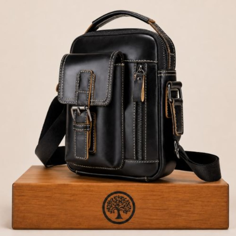 Bolsa Transversal Artesanal Couro Legítimo Savage Black Unbu - Preta - bagm1009b