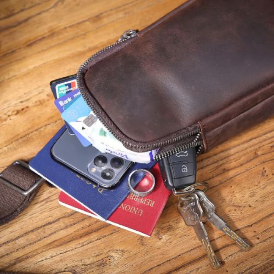 Bolsa Transversal Chest/Shoulder Bag Artesanal Couro Premium Conker Marrom Café bagm1000