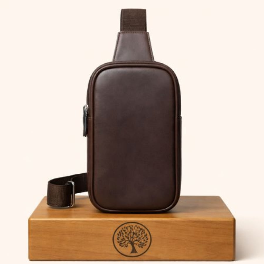 Bolsa Transversal Chest/Shoulder Bag Artesanal Couro Premium Conker Marrom Café bagm1000