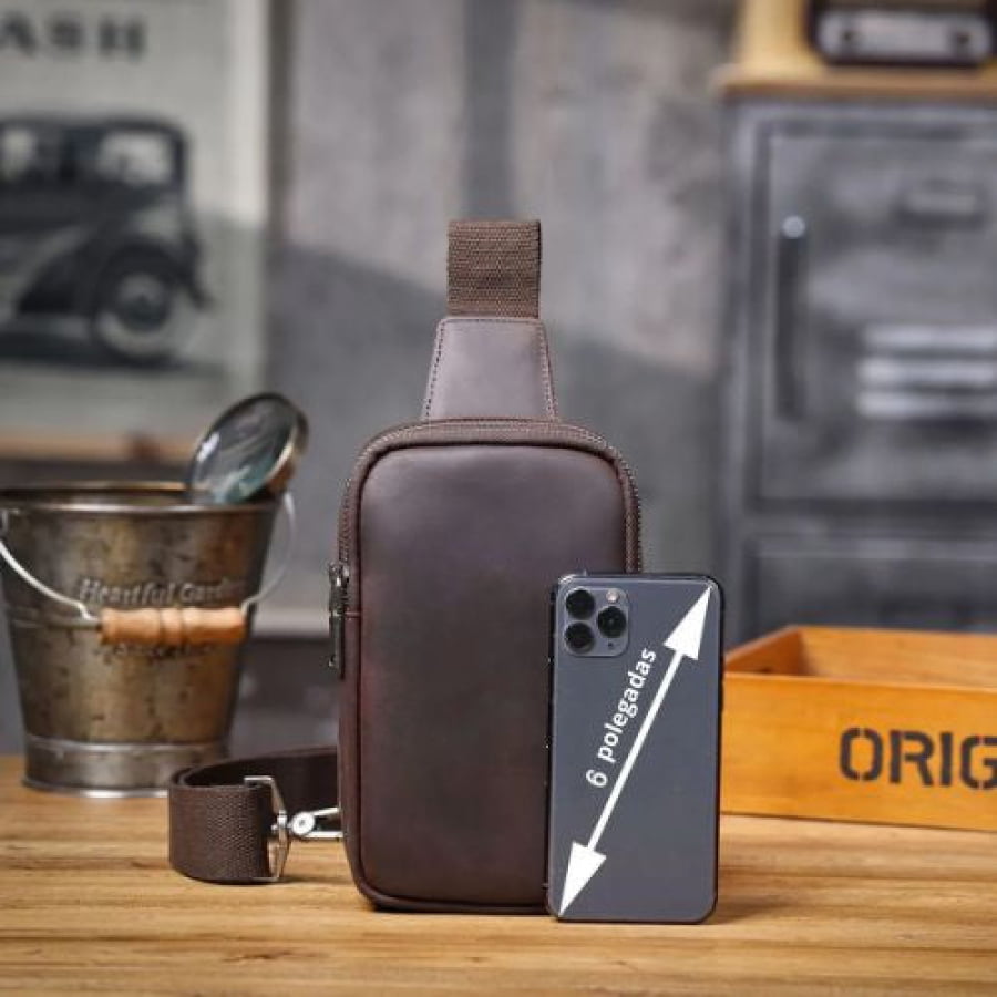 Bolsa Transversal Chest/Shoulder Bag Artesanal Couro Premium Conker Marrom Café bagm1000
