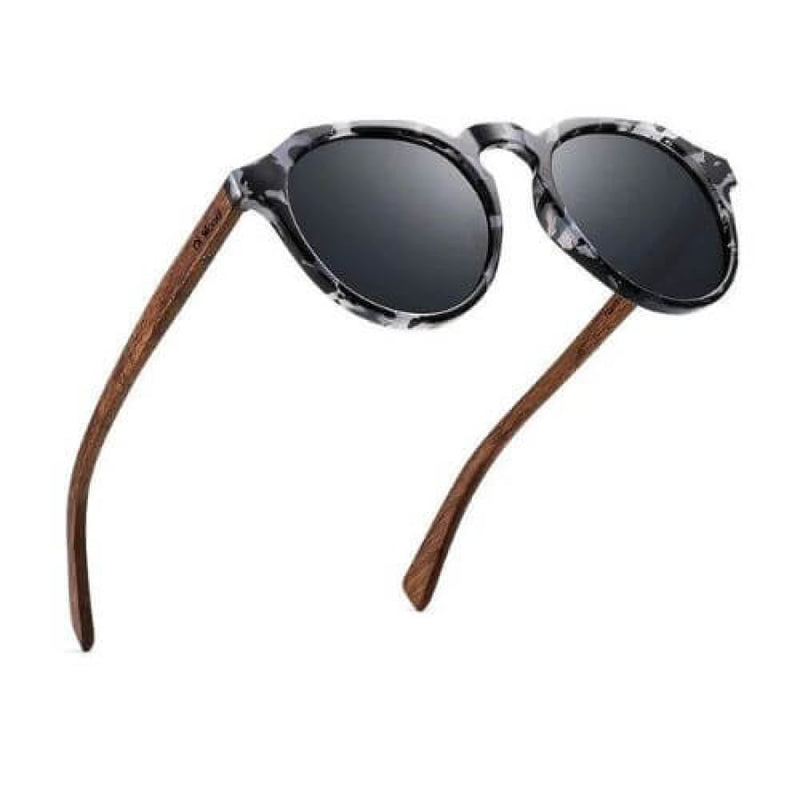 Óculos De Sol Masculino Redondo Polarizado Oi Wood Haste Madeira Preta Glass02
