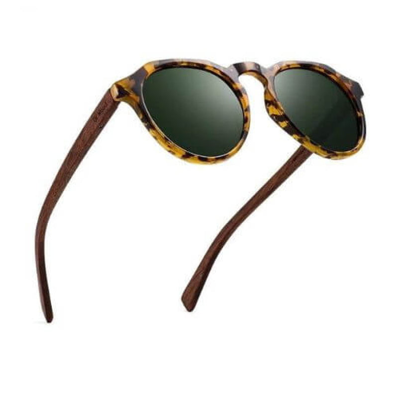 Óculos De Sol Masculino Redondo Polarizado Oi Wood Haste Madeira Verde Glass02