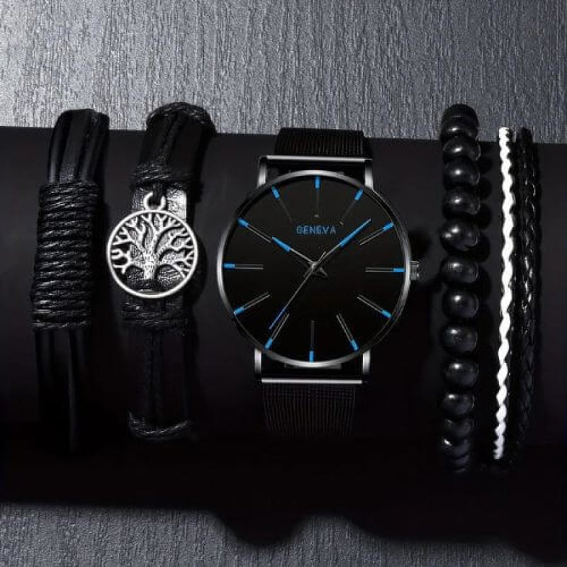 Relógio Masculino Geneva Black Conjunto Com 4 Pulseiras Azul Cloc101