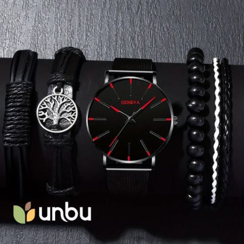 Relógio Masculino Geneva Black Conjunto Com 4 Pulseiras Cloc101