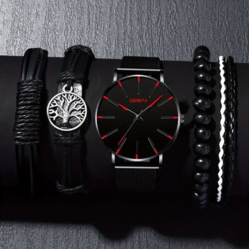 Relógio Masculino Geneva Black Conjunto Com 4 Pulseiras Vermelho Cloc101