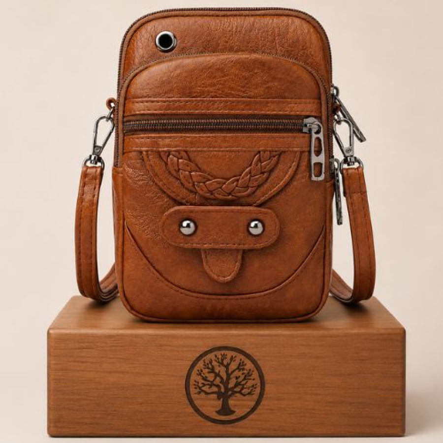 Bolsa Transversal Artesanal Couro Ecológico Unbu - Marrom / 13cmx6cmx19cm - bagm1007
