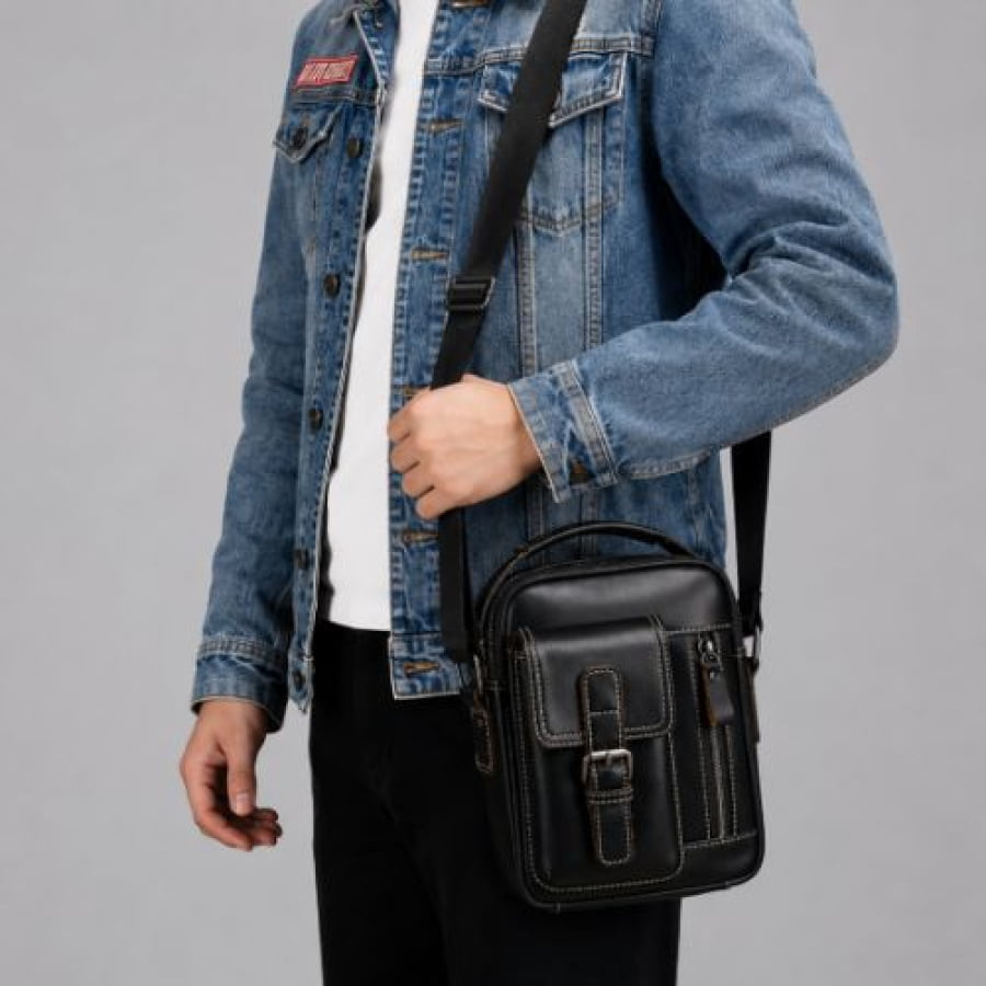 Bolsa Transversal Artesanal Couro Legítimo Savage Black Unbu - Preta - bagm1009b