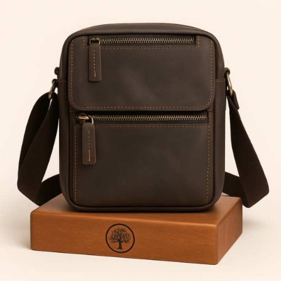 Bolsa Transversal Artesanal de Couro Legítimo Unbu – Padrão Executivo Vintage Café bagm604