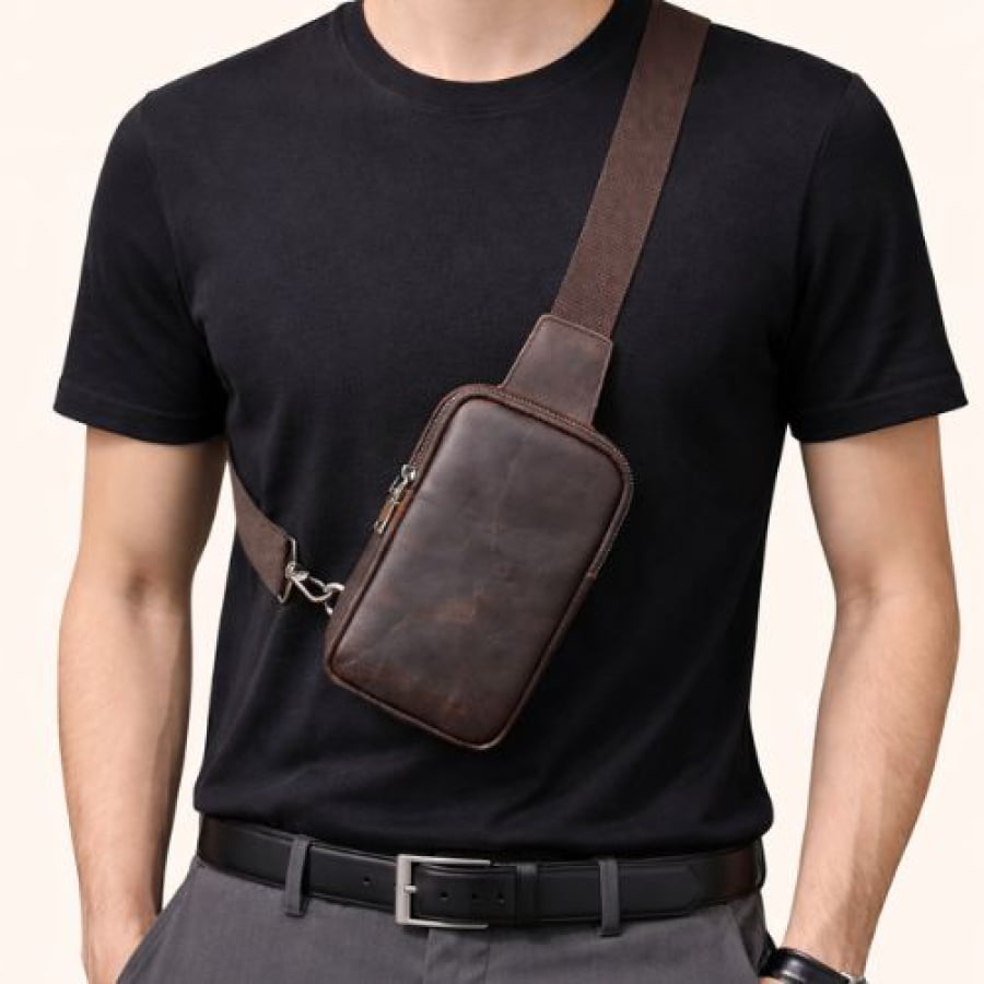 Bolsa Transversal Chest/Shoulder Bag Artesanal Couro Premium Conker Marrom Café bagm1000