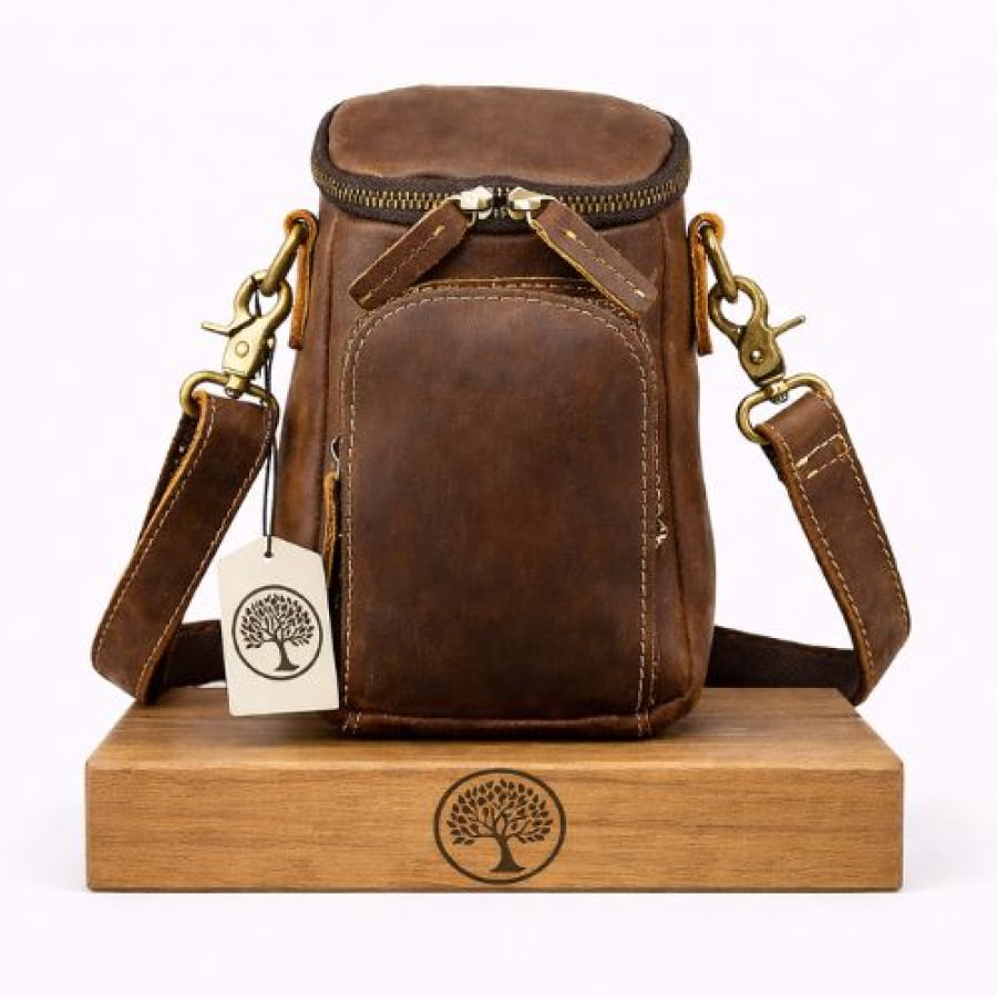 Bolsa Transversal Crossbody Artesanal em Couro Rústico Bucket Café bagm1002