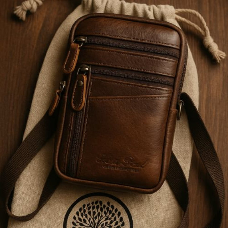 Visão lateral da bolsa masculina de couro mostrando a espessura e qualidade