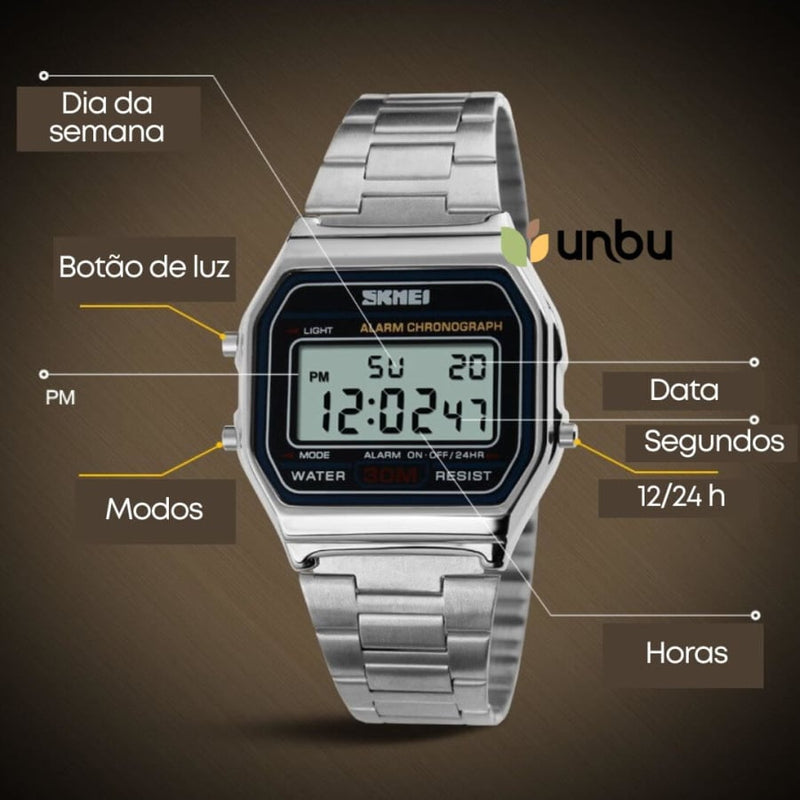 Relógio Digital Masculino Aço Inoxidável Clássico Retrô Skmei Cloc04