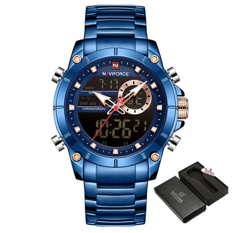 Relógio Masculino Analógico E Digital Luxo Naviforce Modelo 9163 Azul Cloc03