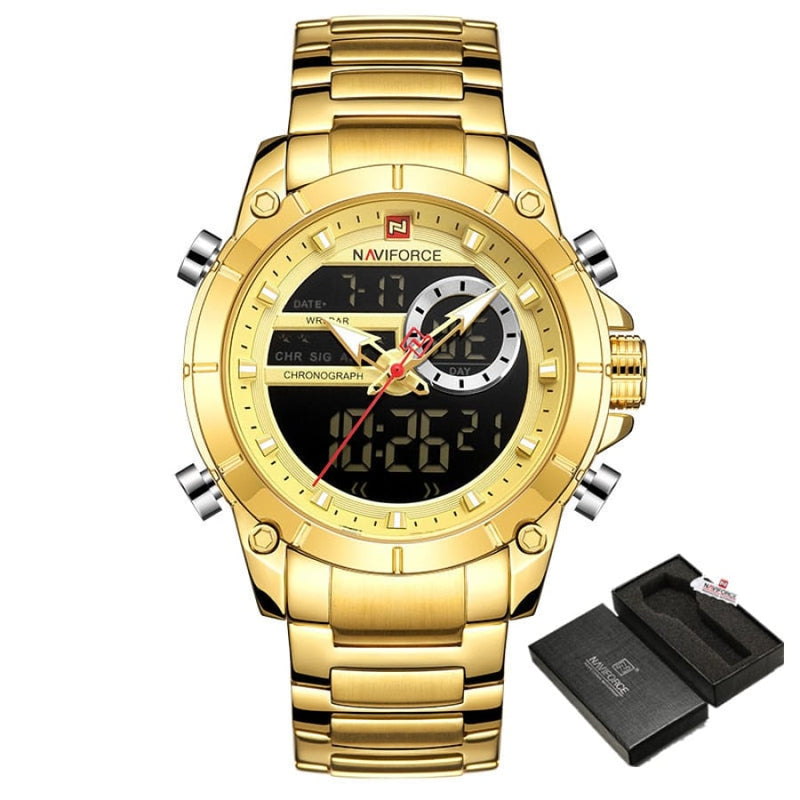 Relógio Masculino Analógico E Digital Luxo Naviforce Modelo 9163 Dourado Cloc03