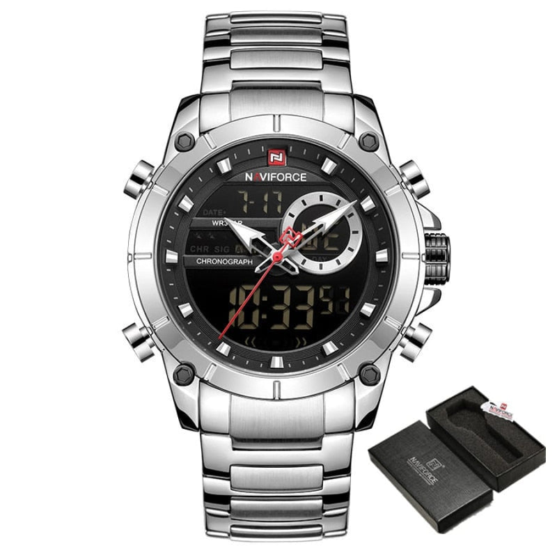 Relógio Masculino Analógico E Digital Luxo Naviforce Modelo 9163 Prata Cloc03