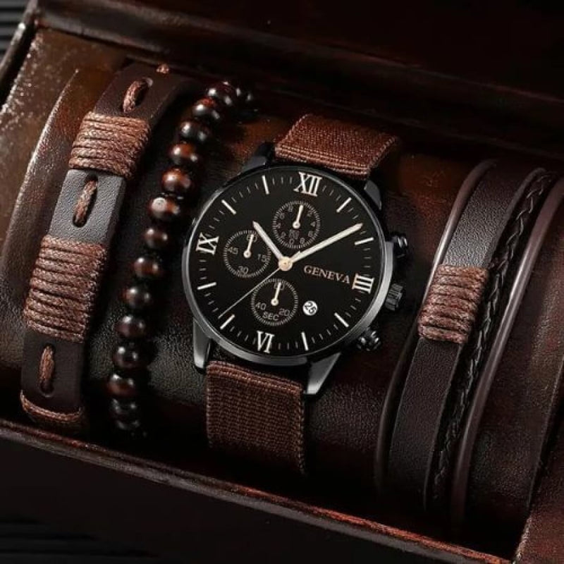 Relógio Masculino Geneva Conjunto Com Pulseiras Marrom Cloc100