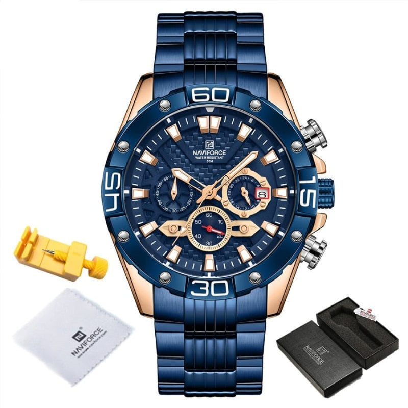 Relógio Masculino Luxo Quartzo Naviforce Nf8019 Azul/Dourado Cloc02