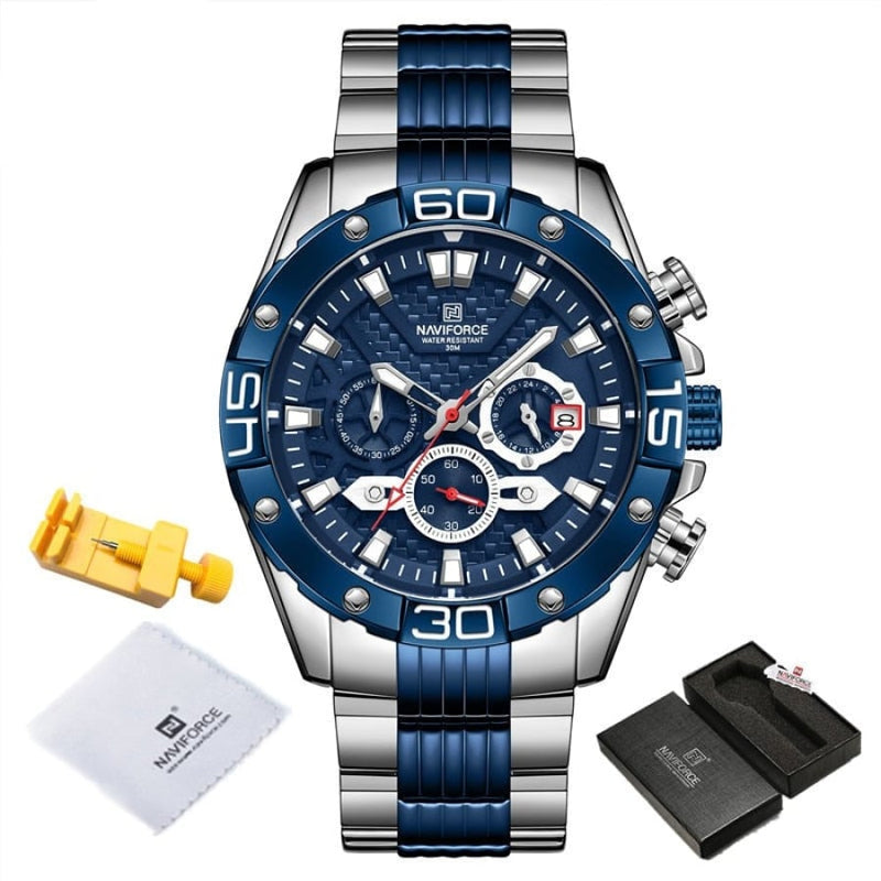 Relógio Masculino Luxo Quartzo Naviforce Nf8019 Azul/Prata Cloc02