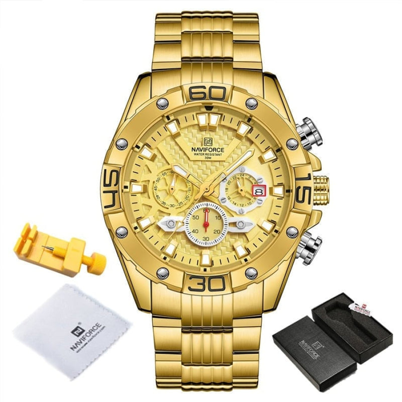 Relógio Masculino Luxo Quartzo Naviforce Nf8019 Dourado Cloc02