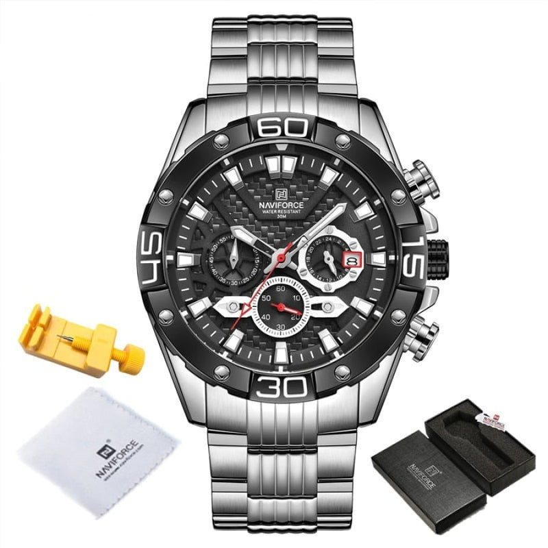 Relógio Masculino Luxo Quartzo Naviforce Nf8019 Prata Cloc02