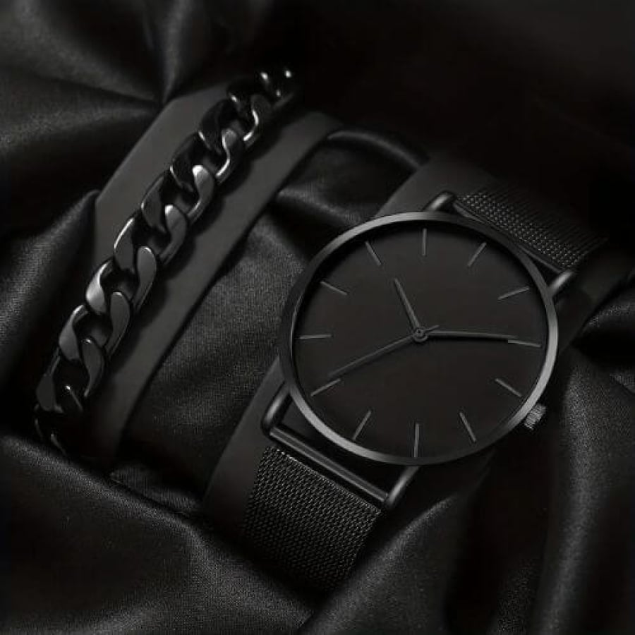 Relógio Masculino Preto Minimalista conjunto com Pulseira